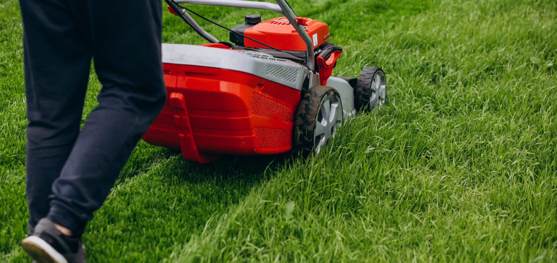 Man cutting grass with lawn mover in the back yard